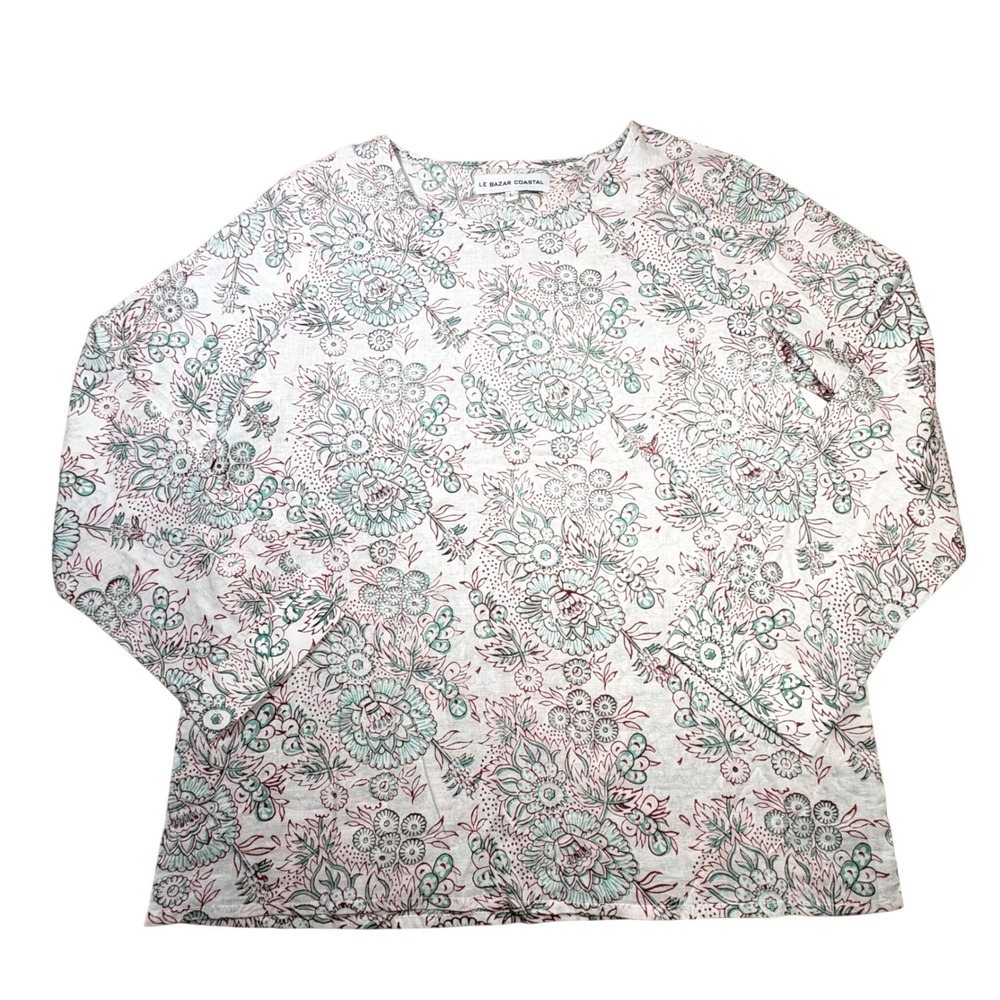 Le Bazar Coastal Floral Block Print Long Sleeve Top White Teal Large Cotton Airy